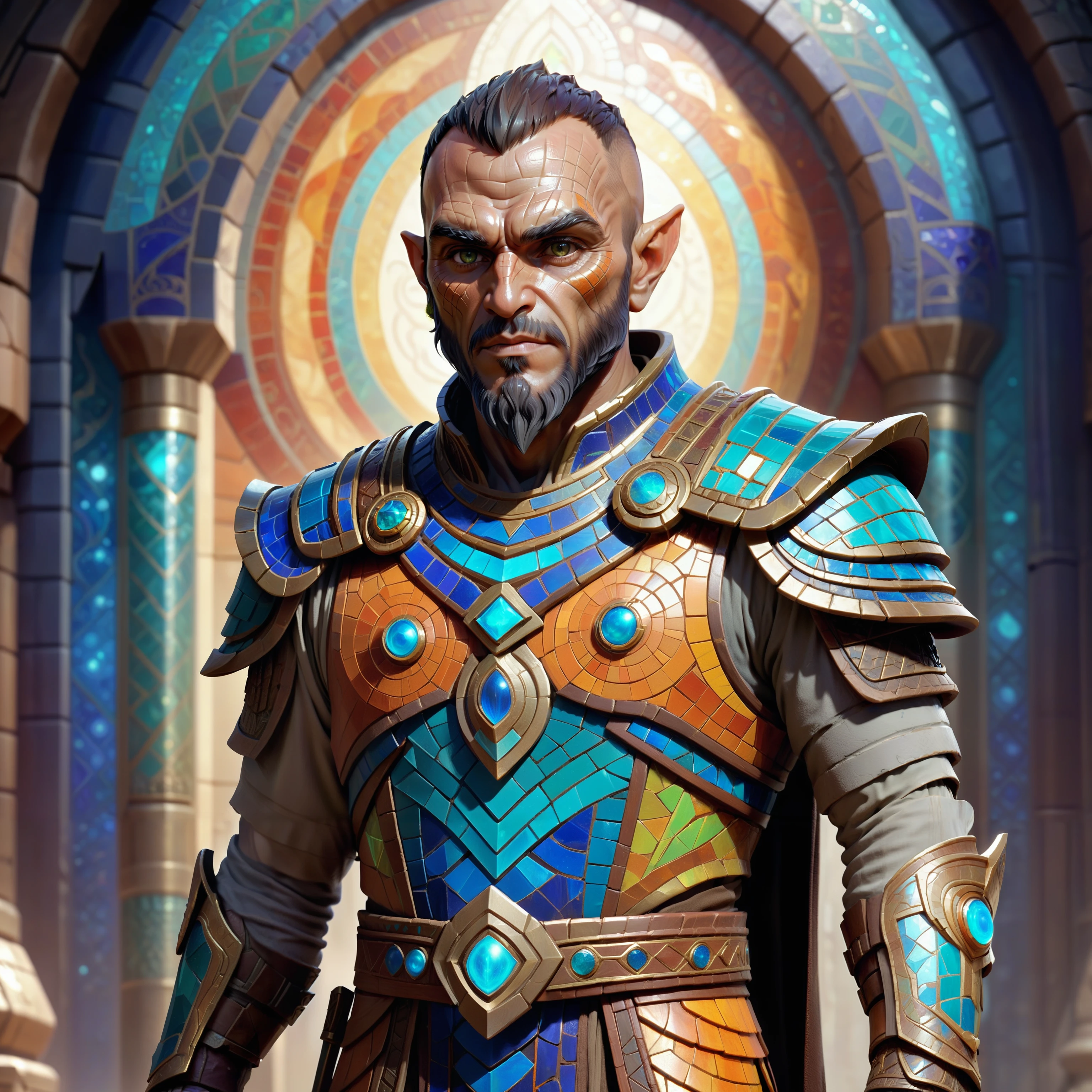 Mosaic, Concept art, Male Dwemer, wearing tunic, sci-fi, masculine, <lora:MosaicStyleSDXL:1>, exquisite color, contemporary fine detail, detailed, creative, fabulous colors, intricate, ambient, highly decorated, original, atmosphere, epic composition, dynamic