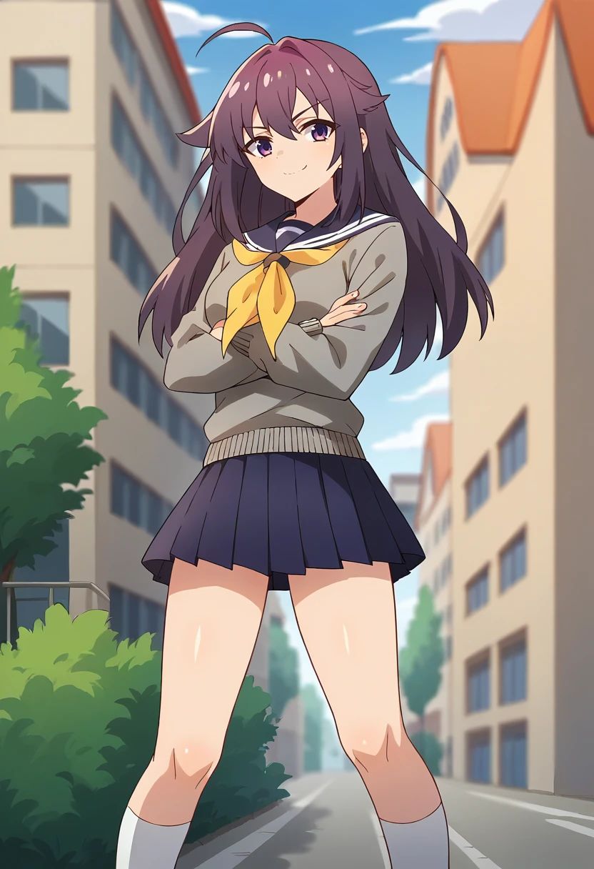 score_9, score_8_up, score_7_up, source_anime, masterpiece, 1girl, ct_ank0, grey sweater, blue sailor collar, yellow neckerchief, puffy sleeves, blue miniskirt, shiny skin, smile, closed mouth, looking at viewer, outdoors, depth of field, city, crossed arms, legs, white kneehighs, loafers, <lora:Anko_Koshi_Pony_ct:0.9>