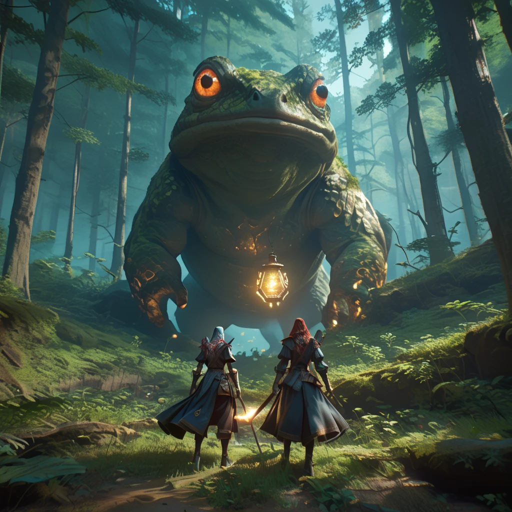 score_9, score_8_up, score_7_up, score_6_up, score_5_up, score_4_up, (a cinematic shot of a fantasy female character standing infront of a giant glowing spirit (Toad:1.25), magical forest in background, reflective light:1.2) Bosstyle