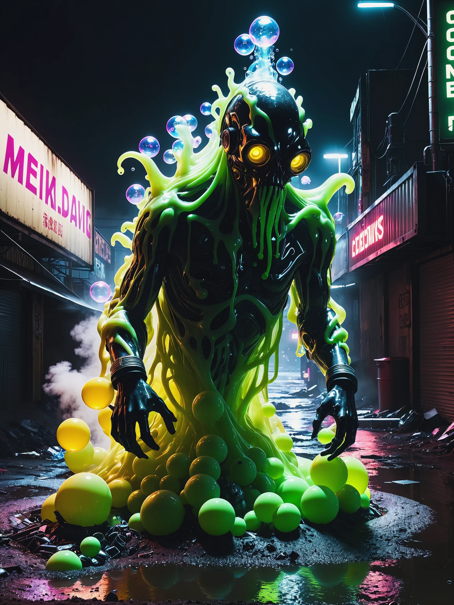 mad-txcsprt monster emerging out of puddle of radicative goo, cyberpunk, neon signs,smoke, floating bubbles of goo, barrels, landfill, garbage, (night:1.2) <lora:Neon_Cyberpunk_Toxic_Spirits_SDXL:0.6>, raw photo, film grain, (photorealistic, realistic:1.2), deep shadow, 8k, uhd, dslr, ultra high res