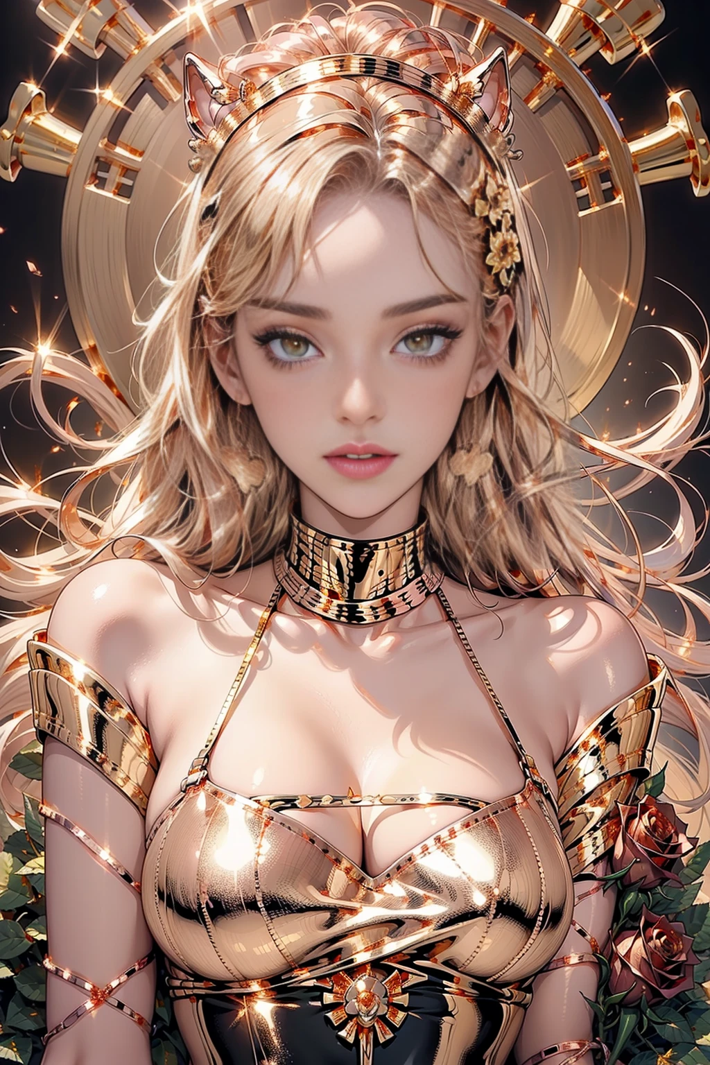 <lora:GoldRoseGoldWorld:1> (GoldRoseGoldWorld:1.2) DV_Lucinda_Vicious 1Woman in a golden robe rides a unicorn through a field of glowing flowers.