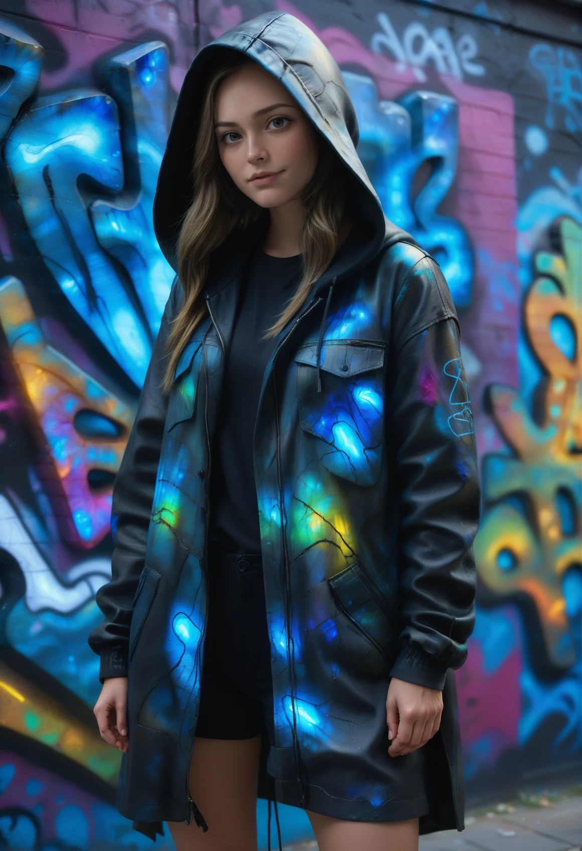 ((background and fashion made out of reij-lmlbrdrt, <lora:LumiLabradorit:1>)), oversizes shirt painted with graffiti street art fashion style, black long leather coat with hoodie, , , upper body,, posing cheekily, (((masterpiece))) , (((best quality))) , 2d, (adorable 1girl, solo:1.3), posing cheekily in front of a graffiti wall, 1woman, soft freckles, long hair, open hair