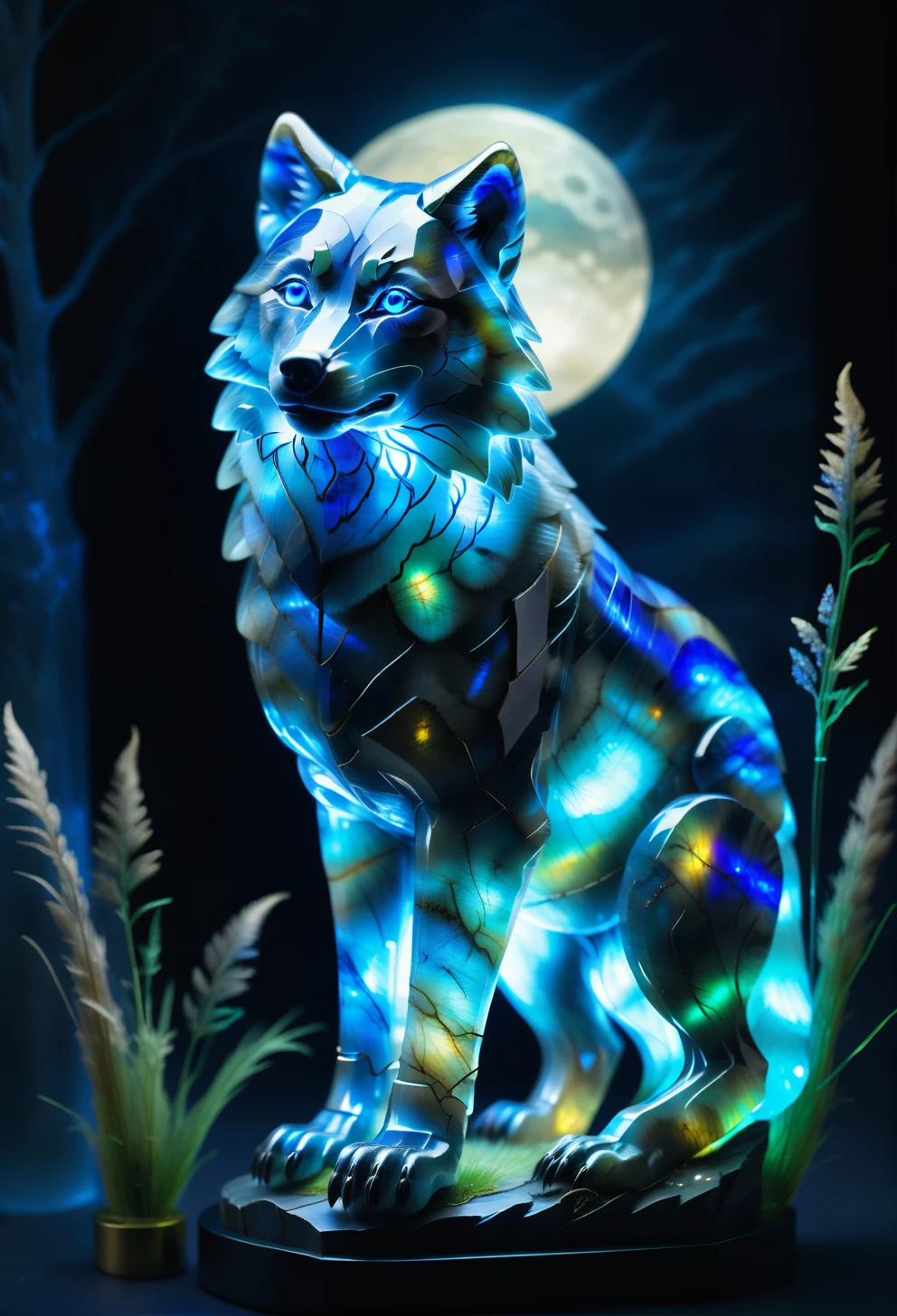 ((a wolf made out of reij-lmlbrdrt)) <lora:LumiLabradorit:0.9> , hides in the tall grass, majestic, graceful in the nightsky, moonlight, , , masterpiece, OLED, surrounded by magical dust, magic, sparkle, full body, from below