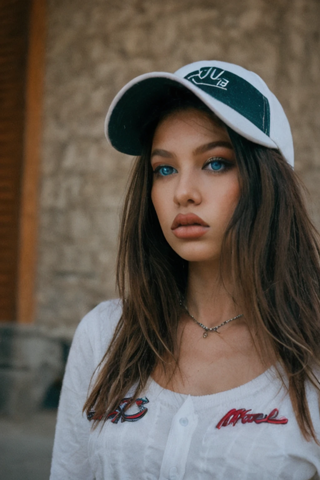 50mm amateur photo posted to facebook, closeup portrait of a girl with brunette hair, missbo, dark eye shadow, baseball cap <lora:missbo_v2-1.5base:1>