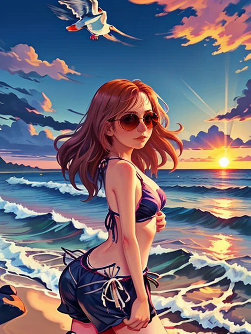 <lora:Western Bay:1>, 1girl, swimsuit, beach, sunset, waves, seagull, sunglasses, <lora:lcm_sd15_mini_6mb:1.0>