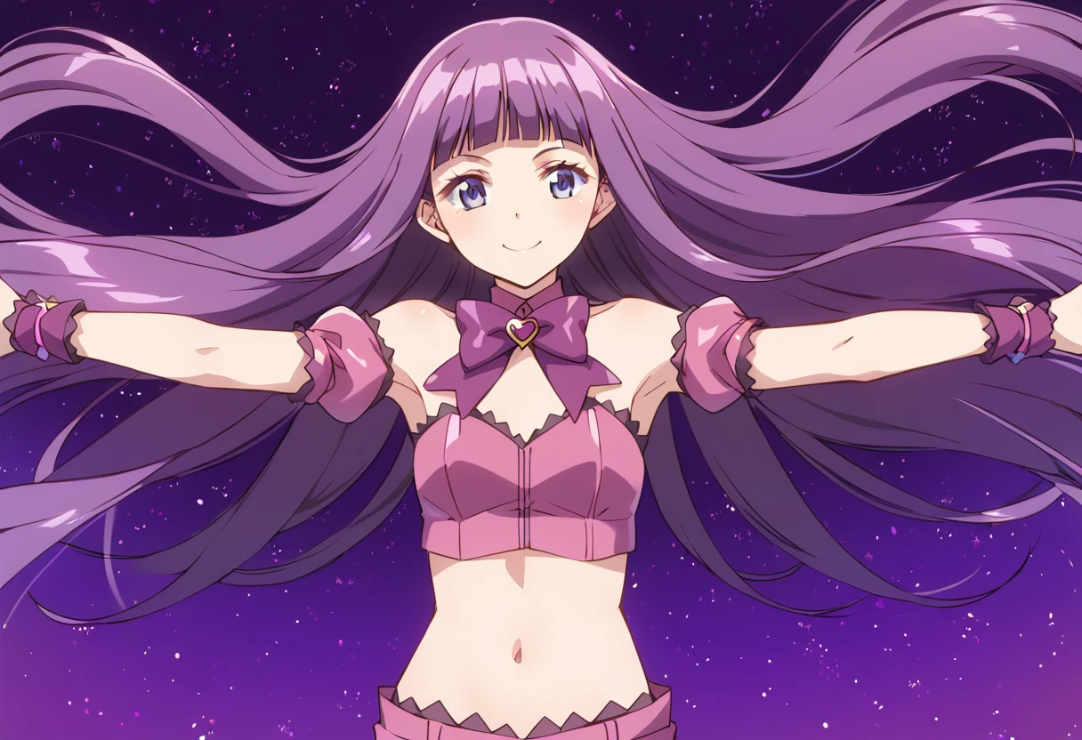 score_9, score_8_up, score_7_up, source_anime, BREAK
mew zakuro, 1girl, solo, purple hair, navel, midriff, smile, outstretched arms, floating hair, purple eyes, looking at viewer, wrist cuffs, short shorts, pink shorts, blunt bangs, purple background, very long hair, shiny hair, blue eyes, cowboy shot, crop top, closed mouth, purple theme, spread arms, stomach, standing, flat chest, bare shoulders, eyelashes, armpits, purple shorts, purple neckwear, choker, puffy detached sleeves, detached sleeves, purple bow, collarbone, sleeveless, small breasts, wristband, ribbon, bustier, :3, hime cut, strapless, star \(sky\), pink shirt, see-through, simple background, puffy short sleeves, pink bow, shiny skin, light smile, happy, space, starry background, pink neckwear, arm strap, straight hair, arm garter, purple bowtie, heart brooch
<lora:mew_zakuro_fujiwara_zakuro_sdxl_locon_pony_v1:0.7>