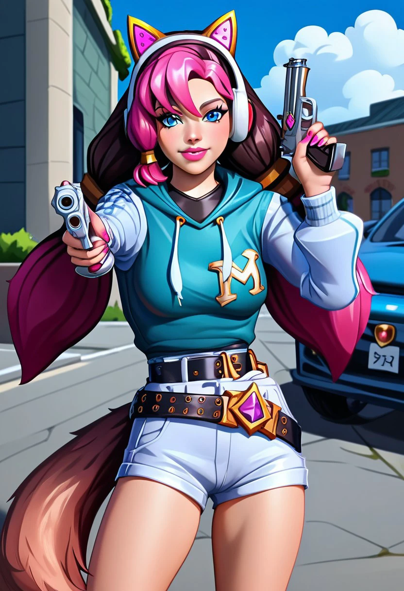 score_9, score_8_up, score_7_up, score_6_up, derpibooru_p_95, 
source_anime, very aesthetic, anime screencap, anime coloring, 
street style maeve, street style maeve \(Paladins\), 1girl, solo, long hair, breasts, looking at viewer, smile, blue eyes, long sleeves, holding, animal ears, twintails, medium breasts, tail, weapon, pink hair, cowboy shot, outdoors, sky, shorts, day, belt, hood, nail polish, holding weapon, lips, gun, short shorts, hoodie, fake animal ears, headphones, low twintails, hood down, ground vehicle, holding gun, motor vehicle, buckle, pink nails, handgun, black belt, white shorts, belt buckle, pink lips, car, pointing at viewer, police, animal ear headphones, aiming at viewer