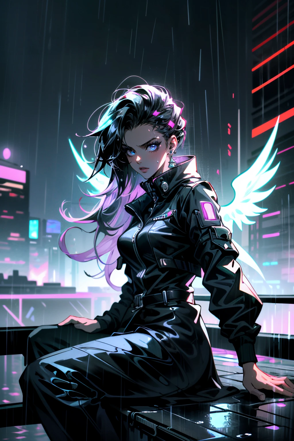 ((ultra detailed, masterpiece, absurdres))
<lora:OSombra:0.8>
OSombra, 1girl, long hair, looking at viewer, with glowing white wings, hyperrealistic, dark cyberpunk cityscape, neon lights, sitting on a rooftop, rain, dramatic lighting, detailed, atmospheric, introspective, high contrast, realistic wet textures, water reflections, glistening surfaces, detailed rain effects, wet clothing and hair