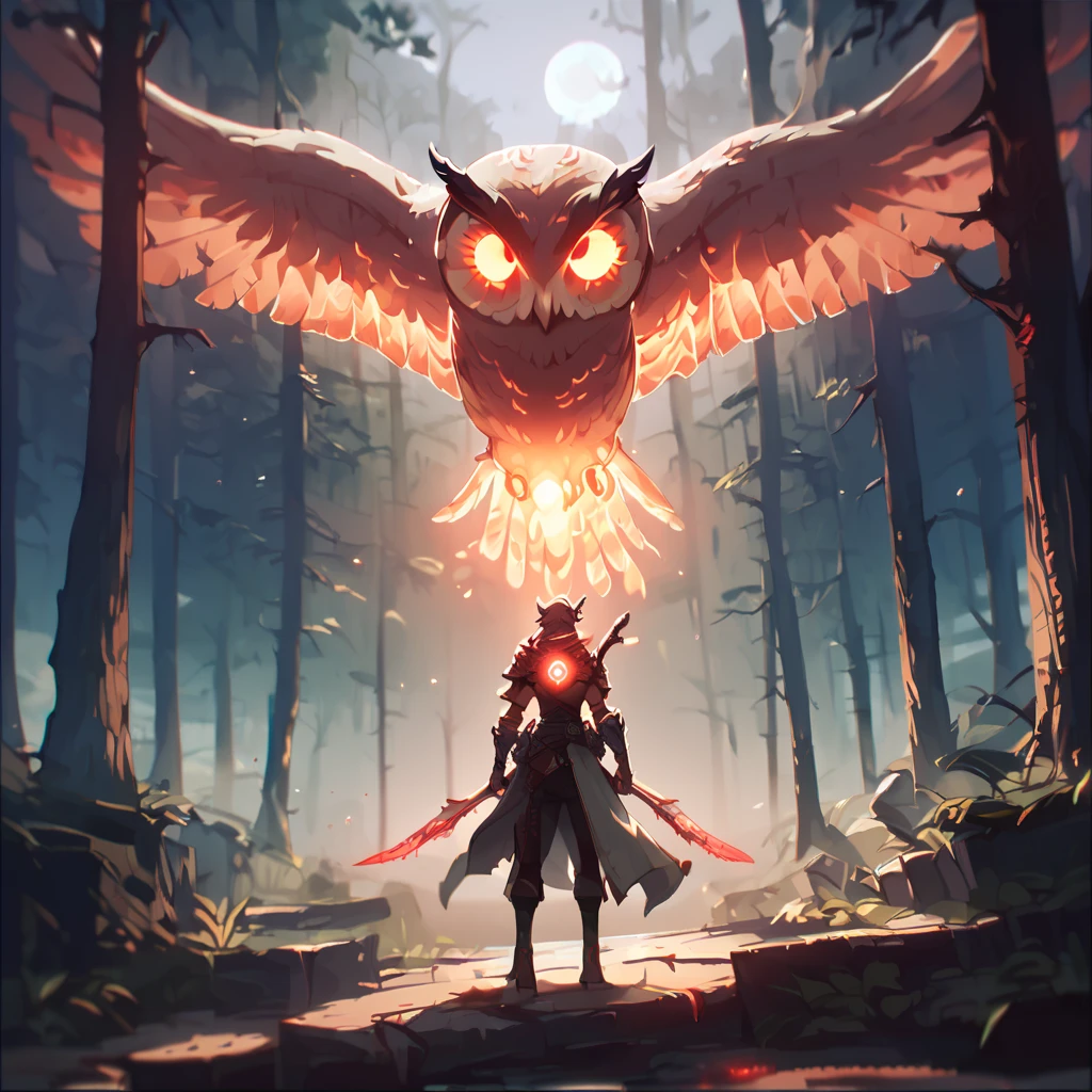 score_9, score_8_up, score_7_up, score_6_up, score_5_up, score_4_up, (a cinematic shot of a fantasy character standing infront of a giant glowing spirit Owl, magical forest in background, reflective light:1.2) Bosstyle