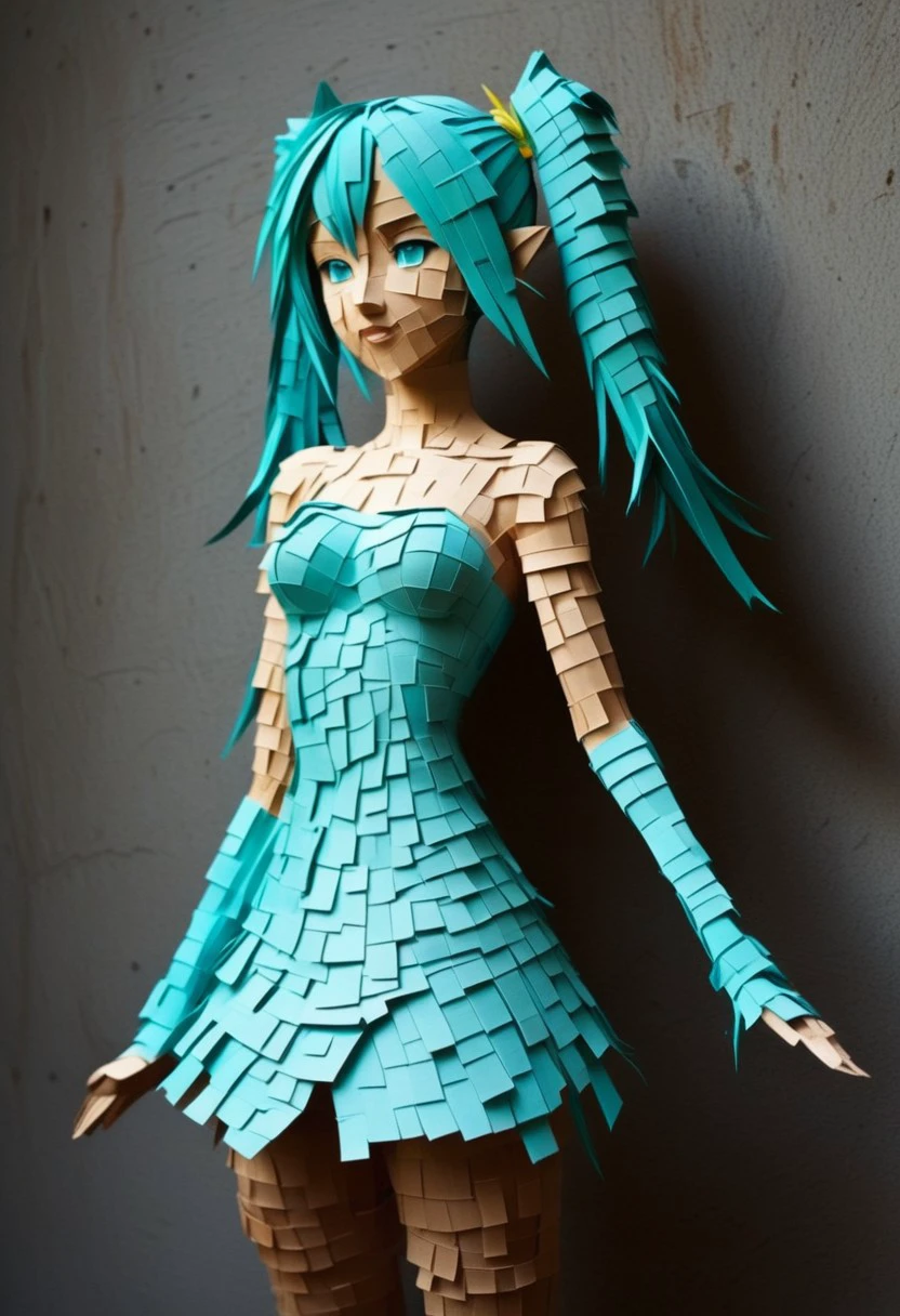 endposit_notesmorph, a cinematic photographic depiction of a paper sculpture of Hatsune Miku made out of paper post it notes, paper sticky notes,  made from 3m post it notes, post it notes, paper texture