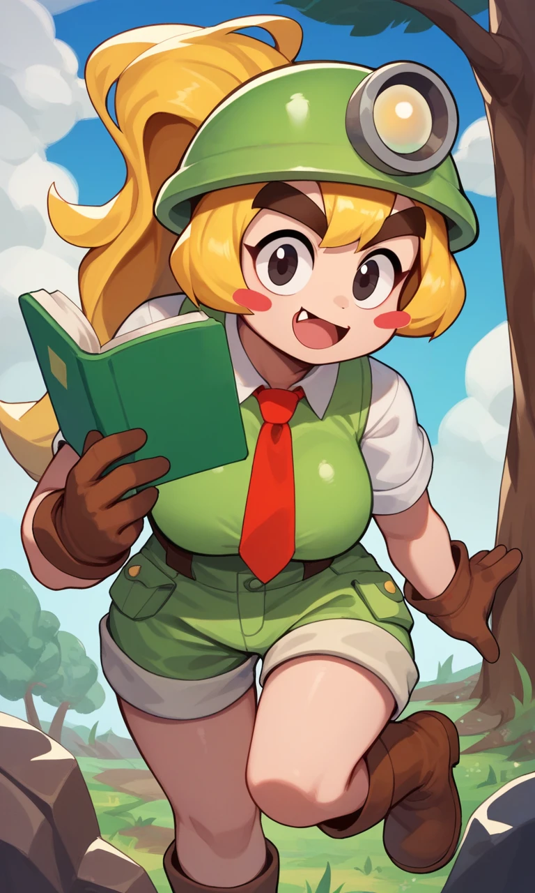 score_9, score_8_up, score_7_up, score_6_up, score_5_up, score_4_up, Goombella, mining helmet, blonde hair, ponytail, blush stickers, black eyes, thick eyebrows, short jumpsuit, red tie, short sleeves, brown gloves, zettai ryouiki, side locks, brown boots, short shorts, large breasts, outdoors, holding green book, fang