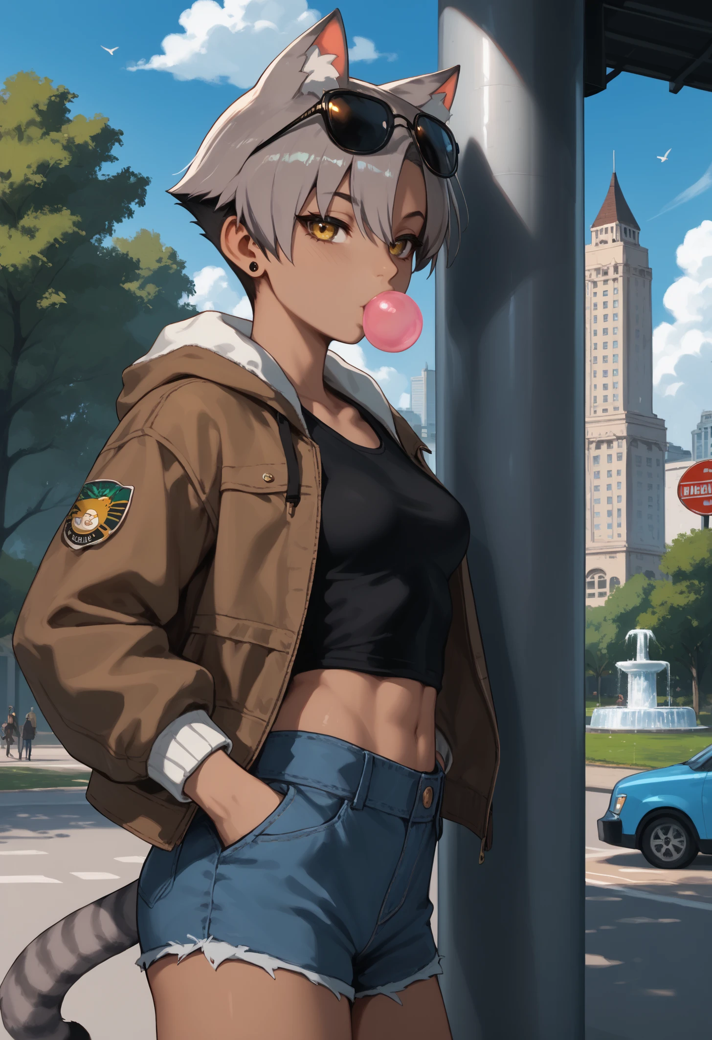 score_9, score_8_up, score_7_up, 1girl, KaraVert, dark-skinned female, dark skin, animal ears, striped tail, grey tail, yellow eyes, grey hair, short hair, stud earrings, medium breasts, toned,
aviator sunglasses, black eyewear on head, brown jacket, bomber jacket, black tank top, midriff, denim shorts,
looking at viewer, bedroom eyes, toned, hands in pockets, leaning against wall, from side, bubblegum,
outdoors, city, park, fountain, cloud, birds, bus stop,
<lora:Kara-VertigrisPDXL_V1-Manityro-CAME:1.0>,