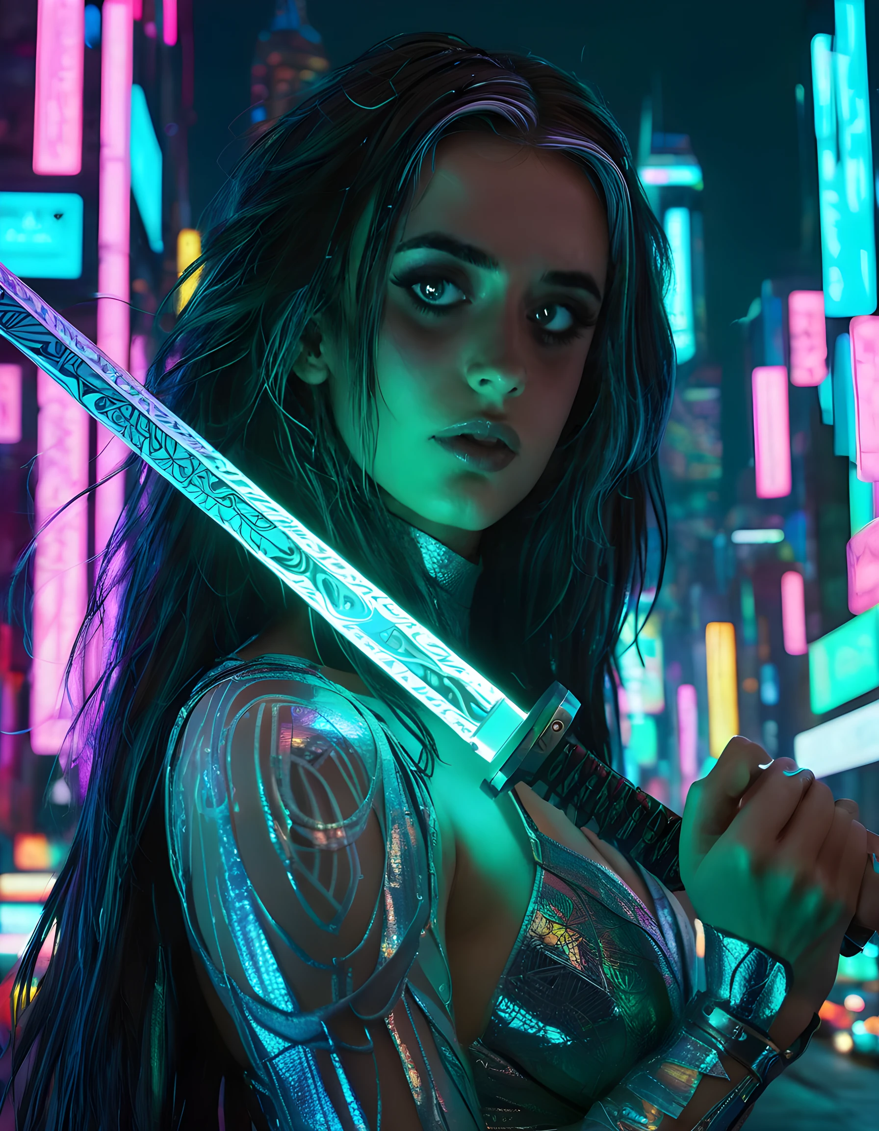 In a captivating, high-definition close-up, the enigmatic C4M1LL4, a woman of ethereal beauty with flowing, silver-streaked raven hair and piercing emerald eyes, is center stage against the backdrop of a surreal, neon-lit cyberpunk cityscape. Draped in a unique, holographic outfit that shimmers with an ever-changing kaleidoscope of colors, she confidently strikes a bold pose, her hand casually resting on the hilt of a high-tech katana, while her gaze locks onto the viewer with an intense, defiant stare, bathed in the vibrant, pulsating neon lights and shadows that cast intricate patterns across her angular features, evoking a sense of power, mystery, and rebellion.