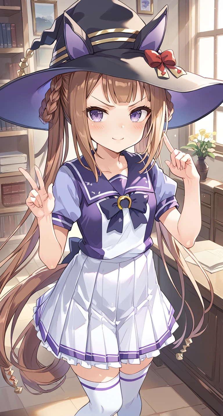 score_9,score_8_up,score_7_up,
official art,official style,game cg,megami magazine,
1girl,
swt school, sweep tosho (umamusume),
animal ears, blush, bow, bowtie, brown footwear, brown hair, hair rings,
hat, highres, horse ears, horse girl, horse tail, long hair, purple shirt,
sailor collar, shirt, shoes, short sleeves, skirt, tail, tail through clothes,
thigh-highs, twintails, violet eyes, white skirt, white thighhighs,
witch hat, ribbon, school uniform, tracen school uniform, collarbone,
horseshoe ornament, pleated skirt, puffy short sleeves, puffy sleeves,
purple bow, purple bowtie, purple serafuku, sailor shirt, serafuku,
hair ornament, frilled skirt, frills, v-shaped eyebrows, very long hair,
blunt bangs, braid, braided hair rings, purple eyes, thighhighs,
standing,
<lora:umamusume_sweep_tosho_pony_v1:1>,