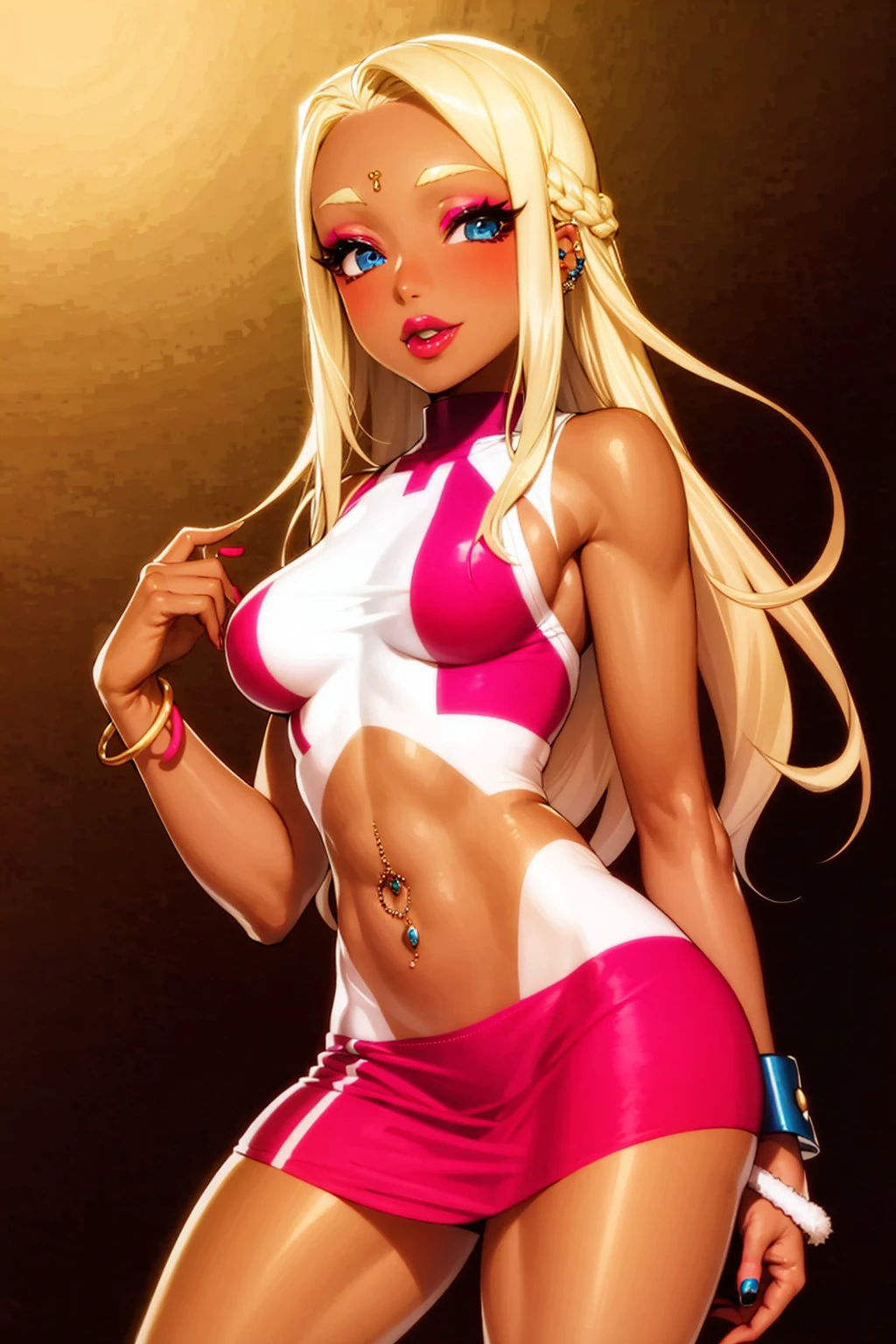 Make me a cat girl, The girl has long blonde hair, She has a sexy and athletic body but not so muscular., Thighs and buttocks, not too much. big not too small, her breasts not too big not too small, make her a cute and shy cat girl, his face is flushed with a shy and embarrassed expression. She is dressed in a short white but loose t-shirt with her abdomen exposed showing her skin and with pink panties and they give me a full body image.., her blue eyes