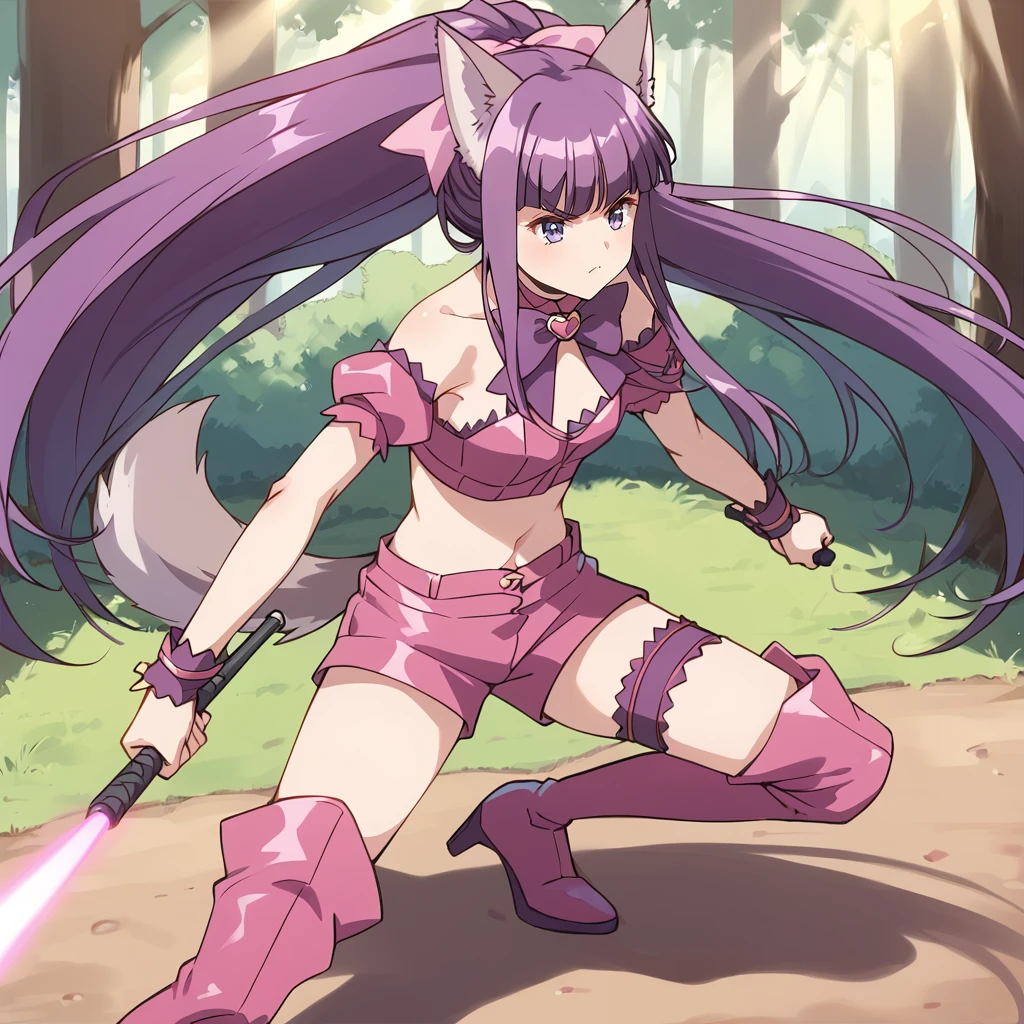 score_9, score_8_up, score_7_up, source_anime, BREAK
mew zakuro, 1girl, purple hair, purple eyes, blue eyes, solo, pink footwear, very long hair, ponytail, thigh boots, grass, wrist cuffs, hair bow, pink skirt, serious, angry, v-shaped eyebrows, knee boots, pink bow, outdoors, choker, one knee, blunt bangs, pink shorts, short shorts, high heel boots, thigh strap, leg garter, midriff, sidelocks, wolf ears, wolf tail, day, pink legwear, garters, whip, eyelashes, pose, hair ribbon, closed mouth, arm strap, shadow, arm support, smoke, bowtie, shiny, fighting stance, tree, bridal garter, absurdly long hair, purple shorts, holding weapon, energy beam, attack, puffy detached sleeves, standing, detached sleeves, squatting, purple tail, facing viewer
<lora:mew_zakuro_fujiwara_zakuro_sdxl_locon_pony_v1:0.7>