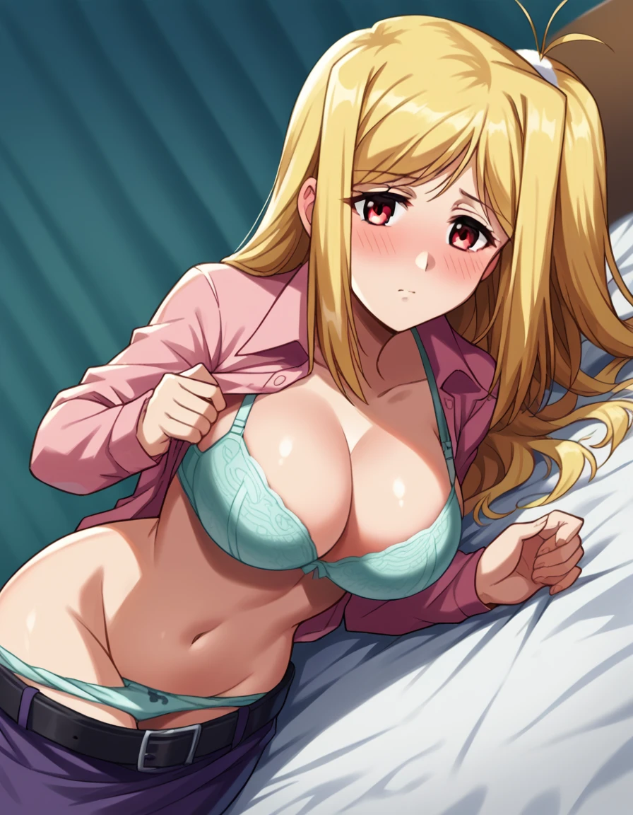 (paizuri, breasts blowjob, breast squeeze), (masutepiece, Best Quality, High resolution:1.5, anime colours, megami magazine:1.2, anime poster style, anime keyvisual, sharp, 8k, photorealistic), (1 boy, pov hands, grab breasts)  (nsfw, looking away), (hands behind pillow), (beautiful eyes:1.5, beautiful face), Alice Zuberg, 1girl, solo, blush, (white headband), (blond Long Hair, hair braid), blush, (natural huge breasts, nude, nipples), (lying, on back, lie on bed:1.5), (Perfect detailed Anatomy, beautiful detailed hair, perfect detailed body:1.2, shiny skin), (thick outline, Beautiful outlines, black outlines), 