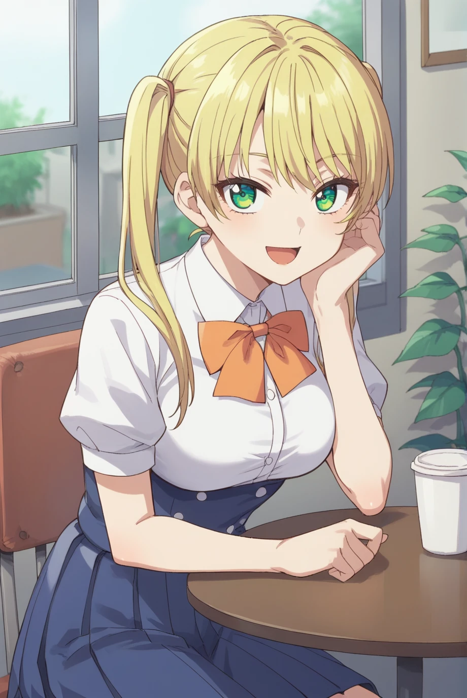 score_9, score_8_up, score_7_up, score_6_up, score_5_up, score_4_up, BREAK source_anime, 1girl, solo,
<lora:MirikiXL-v1-07:0.7>, ChopioMiriki, blonde hair, green eyes, looking at viewer,
[medium breasts : large breasts: 10],
long hair, twintails,
outfit_1, white shirt, collared shirt, bowtie, short sleeves, blue skirt, pleated skirt,
cafe, window, potted plant, table, head rest,
sitting, smile, open mouth,