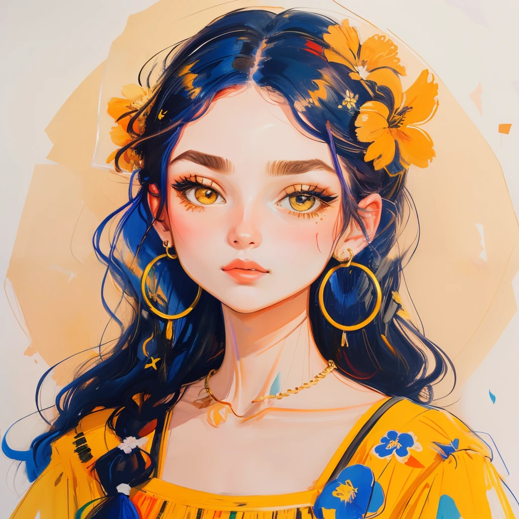 A vibrant gouache-style portrait of a serious woman with flowers in her hair, hoop earrings, and a yellow floral top.