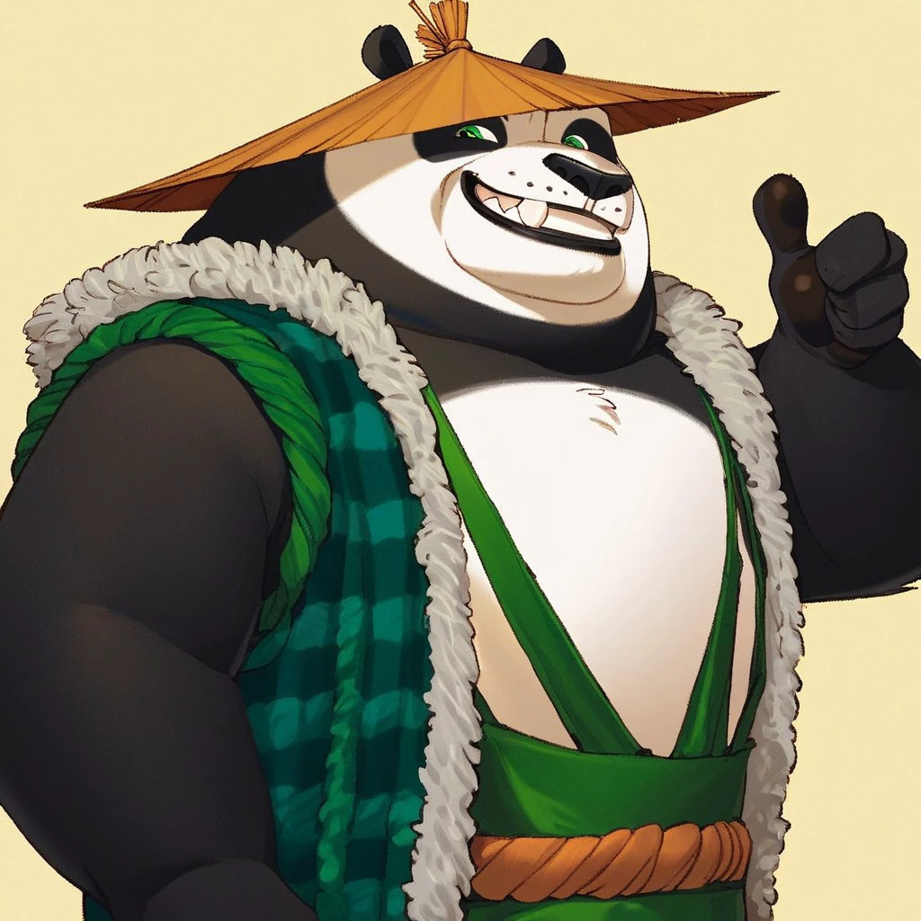 score_7_up, score_8_up, upper body,
BREAK
1boy,  packlishan, panda, green eyes, fur vest, straps, lower teeth, hat, grin, thumbs up, simple background,