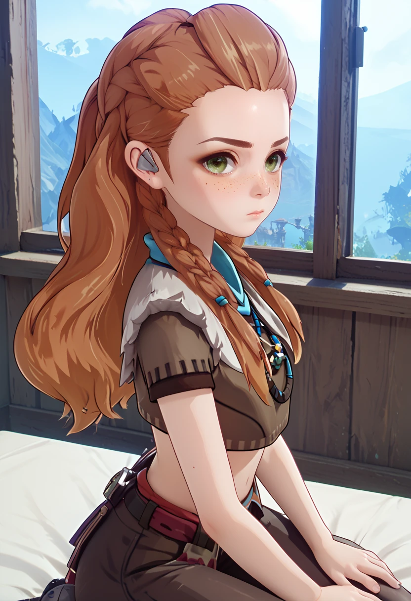 score_9, score_8_up, score_7_up, score_6_up, score_5_up, 1girl, <lora:Aloy_-_Genshin_Impact:0.8> GenshinAloy, green eyes, freckles, forehead, brown hair, hair pulled back, bangs pinned back, braids, twinbraids, sidelocks, long hair, brown clothes, leather, crop top, short sleeves, belt, jewelry, brown pants, detached sleeves, single earphone, grey footwear, sexy, female focus, fantasy, expressive, skindentation, skinny, 1female, masterpiece, 32K HD, beautiful attention to detail, detailed eyes, shiny skin, showing lots of skin, wide lens, perfect hands, perfect eyes, ((2d)), anime, source anime, anime coloring, flat shadows, flat colors, looking at viewer, zPDXL2, zPDXLxxx, sitting, uncensored , ((feet out of frame)), indoors, sad