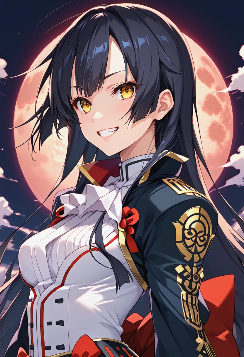 <lora:ODKUON_Pv1-000030:0.8>, odkuon, black hair, yellow eyes,   1girl, japanese clothes, japanese armor,  frills, high quality, red moon, grin, upper body,, BREAK score_9, score_8_up, score_7_up, score_6_up, source_anime, best quality,