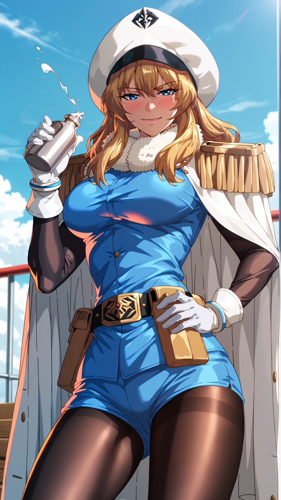 2d, fantasy-style, (zPDXL2), (((cowboy shot))), (((dynamic pose))), (((dynamic angle))), (((sehele style))), webtoon, anime, centered, 1girl, 1woman, upper body focus, ppsh, drunk, holding, holding metal flask, blush, long hair, blonde hair, blue eyes, white hat, white fur trim, white cape, yellow epaulettes, blue top, big breasts, black sleeves, white gloves, bracelets, belt, poaches, black pantyhose, <lora:sd_xl_dpo_lora_v1:1>, <lora:OMG-Is-DucHaiten_v1.0:0.1>, <lora:Seunghee_Lee_Style_PDXL:0.4>, <lora:ManhwaSDXL:1.5>,  <lora:ppsh_PonyXL:0.8>