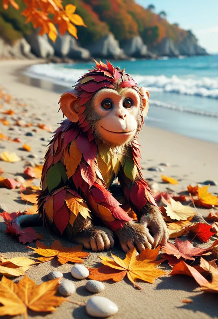 4UTUMNL34V3S, monkey made of autumn leaves, set at the beach, ,Masterpiece,best quality, photo, realistic, very aesthetic