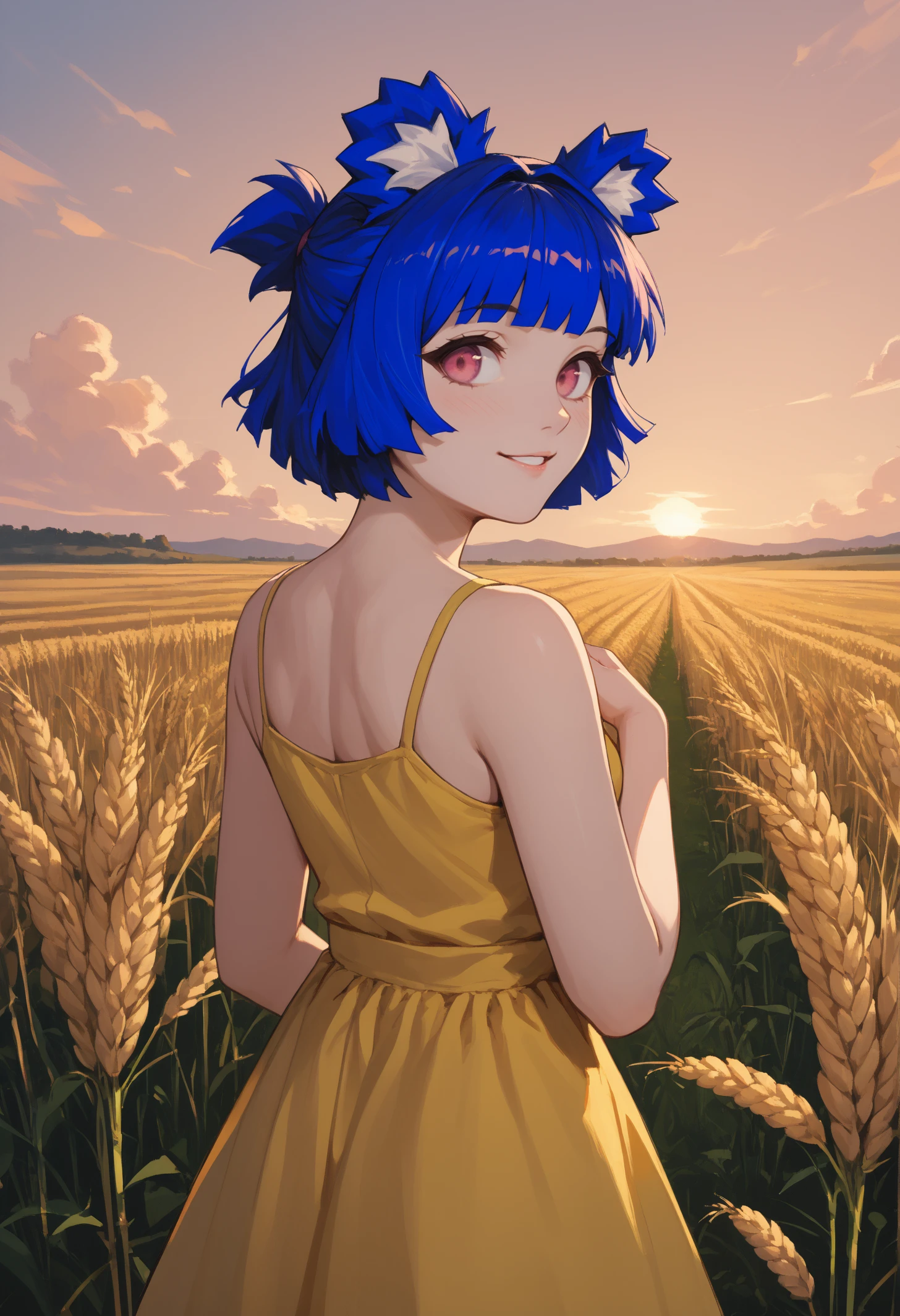 score_9, score_8_up, score_7_up, 1girl, GrisVert, animal ears, bear tail, magenta eyes, blue hair, short hair,  
yellow sundress,
looking at viewer, smile, blush, parted lips, looking back, back,
outdoors, wheat field, sunset,
<lora:Gris-VertigrisPDXL_V1-Manityro-CAME:1.0>,