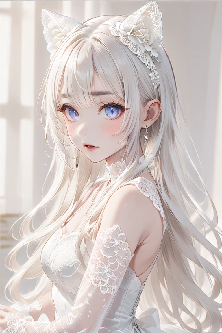 lace ears <lora:lacecatears:0.7> white hair