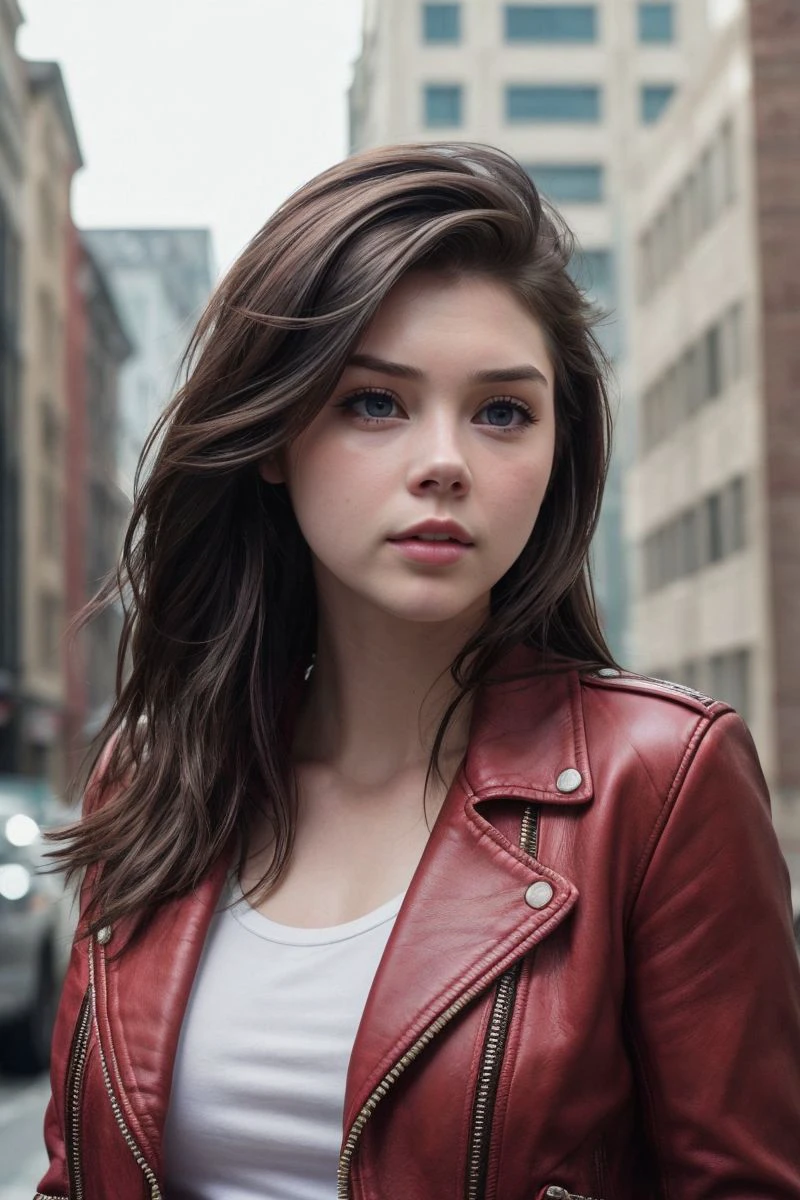 closeup headshot of S478_EliseTrouw,a beautiful woman,in a (city:1.1),wearing a (red leather jacket),(4k, RAW photo, best quality, 50mm, depth of field, ultra high res:1.1),(intricate, photorealistic, cinematic-shot, masterpiece, ultra-detailed:1.1),