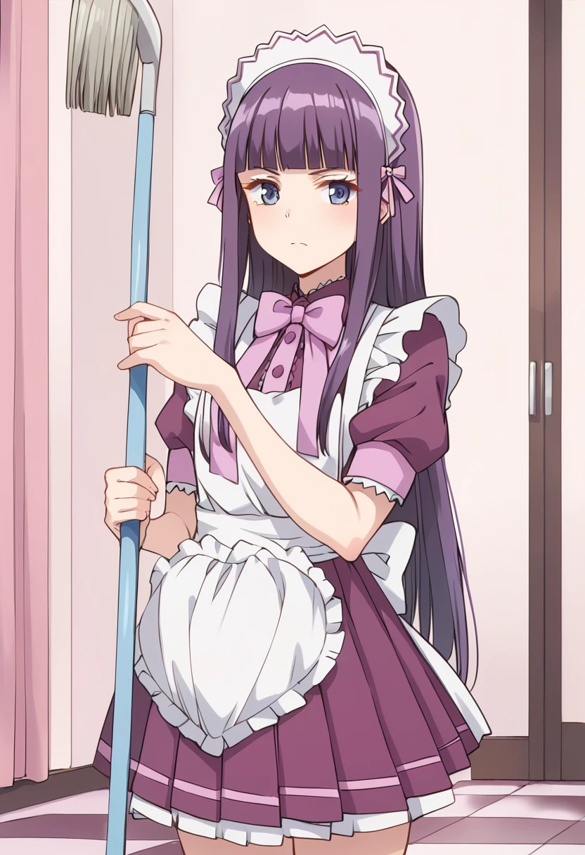 score_9, score_8_up, score_7_up, source_anime, BREAK
fujiwara zakuro, waitress, 1girl, solo, blue eyes, purple hair, maid, maid headdress, maid apron, blunt bangs, frills, looking at viewer, indoors, enmaided, cowboy shot, closed mouth, bowtie, standing, holding mop, white apron, puffy short sleeves, shiny hair, sidelocks, indoors, window, frilled apron, hime cut, frown, pink ribbon, eyelashes, hair ribbon, straight hair, mop, pink bow, purple dress, purple eyes, pleated skirt, purple bow, purple skirt, checkered floor, waist apron, miniskirt, pink neckwear, expressionless, very long hair, frilled dress, cleaning,
<lora:mew_zakuro_fujiwara_zakuro_sdxl_locon_pony_v1:0.7>