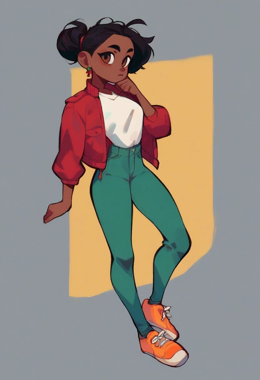 boukisha, 1girl, full body, dark skin, dark skinned female, black hair, brown eyes, red jacket, white shirt, underneath jacket, desaturated green pants, orange shoes