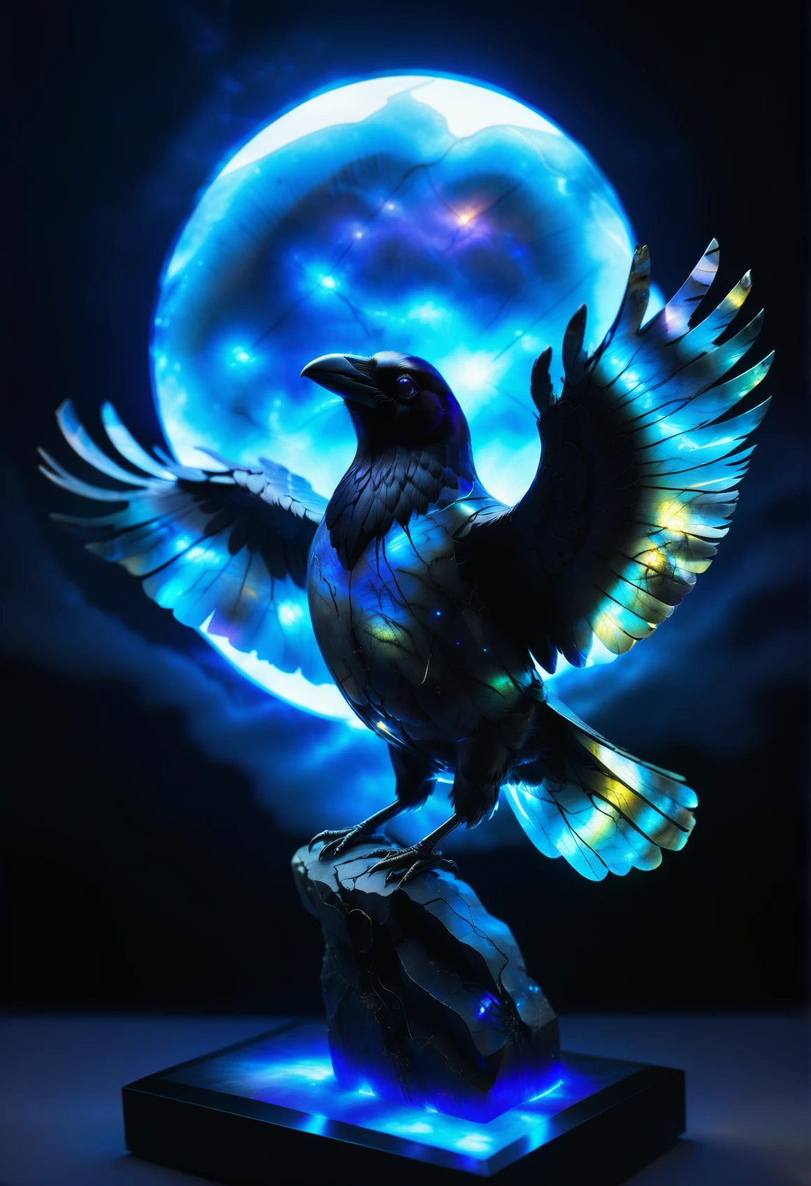 (a raven made out of reij-lmlbrdrt) <lora:LumiLabradorit:1> , flying in the nightsky, moonlight, , , masterpiece, OLED, surrounded by magical dust, magic, sparkle