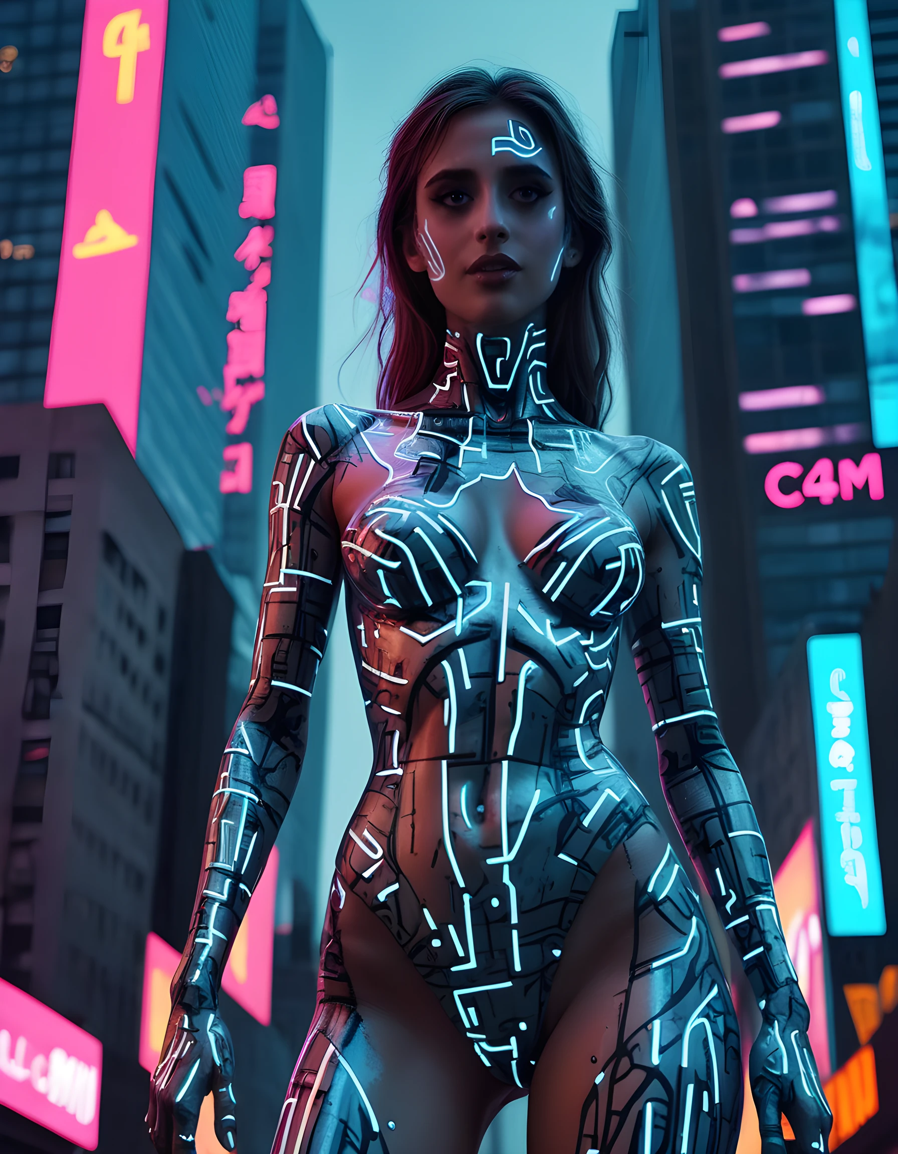 In a surreal, dystopian cityscape bathed in the harsh, neon glow of holographic billboards and towering skyscrapers, C4M1LL4, a woman with her body painted in a mesmerizing, cybernetic camouflage outfit that seemingly blends with the technology-infused environment, stands defiantly against the backdrop of a crumbling building. Her intense gaze locks onto the viewer from an intimate close-up angle, her eyes glowing with an unwavering determination, as if daring them to question her resolve in this chaotic world of the future.