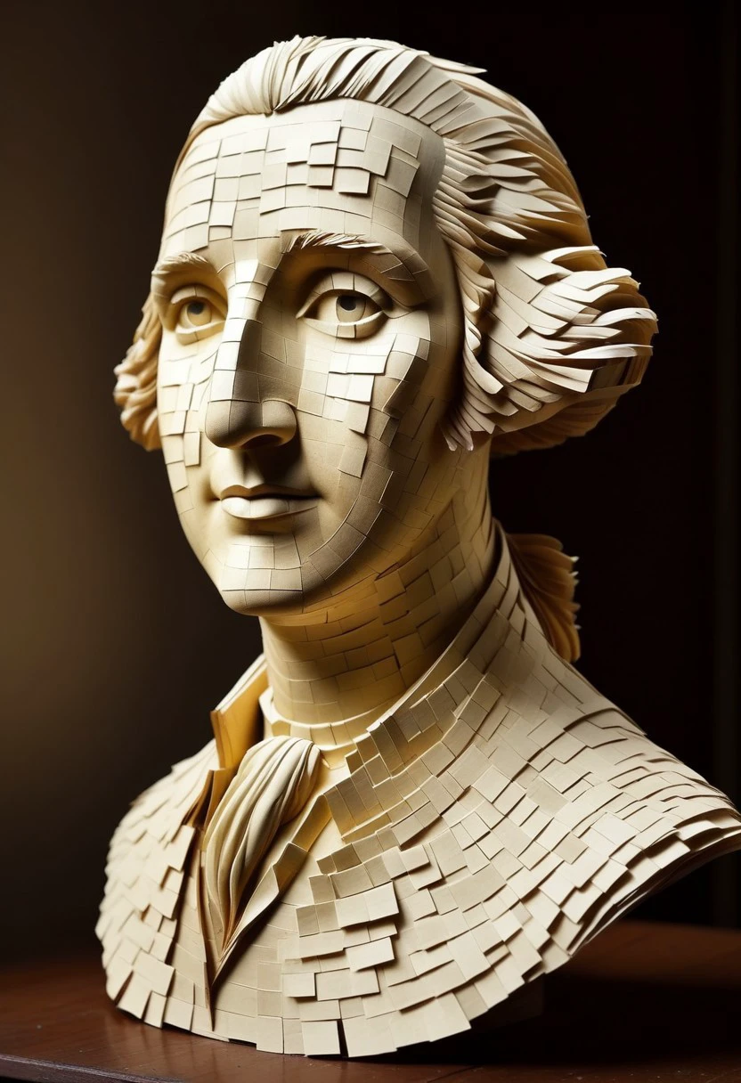 endposit_notesmorph, a cinematic photographic depiction of a paper sculpture of George Washington made out of paper post it notes, paper sticky notes,  made from 3m post it notes, post it notes, paper texture