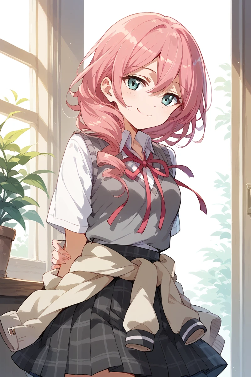 score_9, score_8_up, score_7_up, score_6_up, 1girl,
<lora:Yachiyo_Tsuruhime:0.9> yachiyo, pink hair, clothes around waist, solo, skirt, school uniform, plaid, smile, hair between eyes, neck ribbon, ribbon, gray vest,