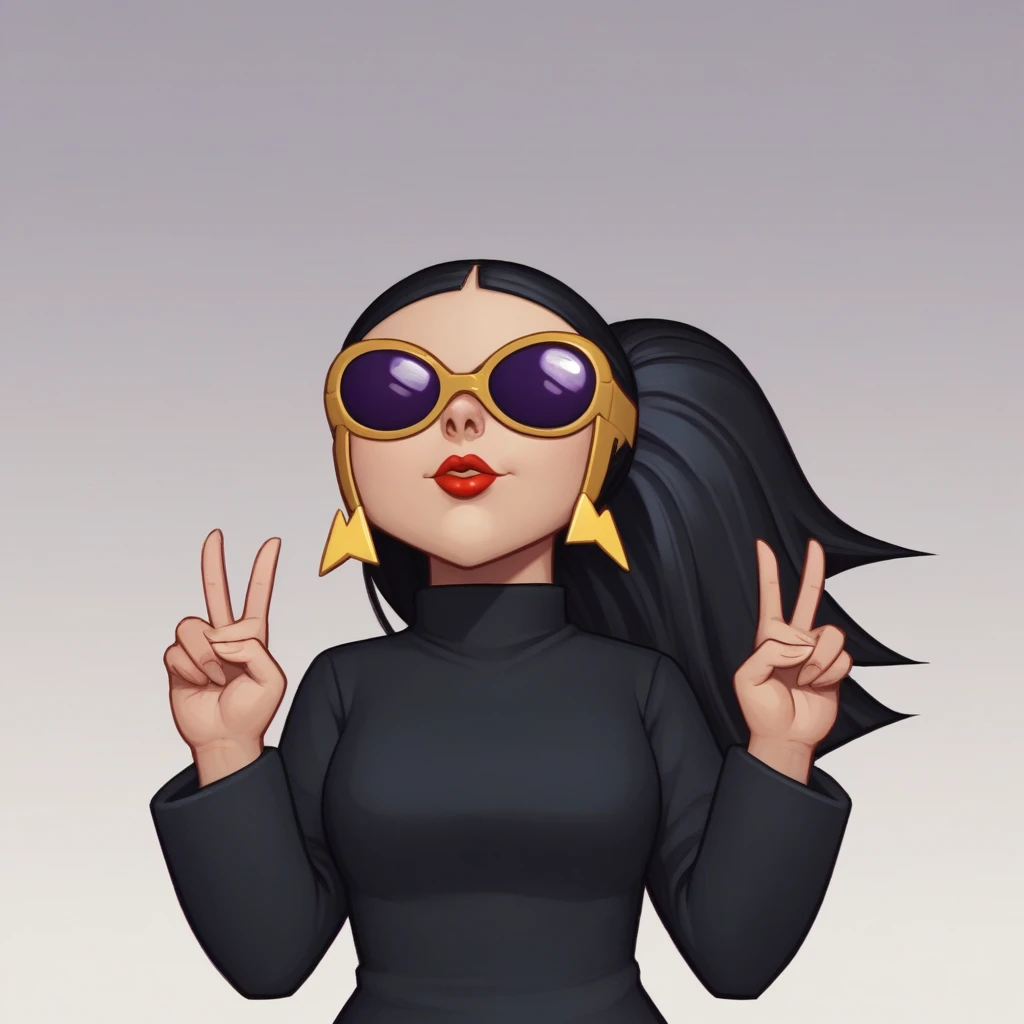 score_8_up, BREAK, ODESSADRAKE, 1girl, solo, black hair, ponytail, lipstick, sunglasses, black turtleneck sweater, long sleeves, upper body,  <lora:OdessaDrake_PXL_Leaf2:1>, gradient background, double v,