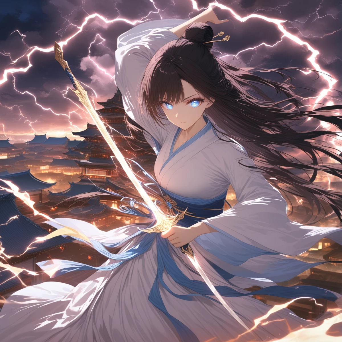 score_9,score_8_up,score_7_up,beautiful,beautiful ultra detailed eyes,detailed face,intricate details,hyper-detailed,pretty,beautiful face,weapon,long hair,sword,solo,holding weapon,gfjiansi,black hair,glowing weapon,holding,1girl,sky,architecture,holding sword,arm up,east asian architecture,standing,sash,chinese clothes,glowing sword,long sleeves,outdoors,night,building,cloud,lightning,hair bun,white dress,floating hair,glowing,wide sleeves,electricity,dress,blue theme,closed mouth,blue eyes,hanfu,bangs,<lora:gfjiansi:0.7>,