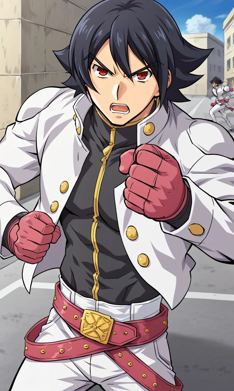 1boy, solo, zanmarouga, short hair, red eyes, white jacket, black shirt, pink gloves, white pants, belt, standing, outdoors, street, cowboy shot, fighting stance, angry, open mouth, serious