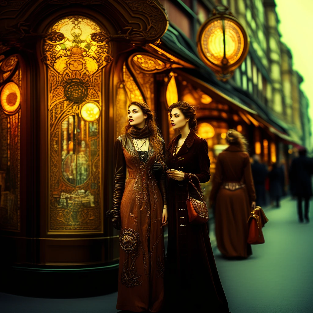 Fashionable women with model looks shopping on a busy street, elaborate art nouveau influence, cozy, atmospheric, steampunk, retro futuristic