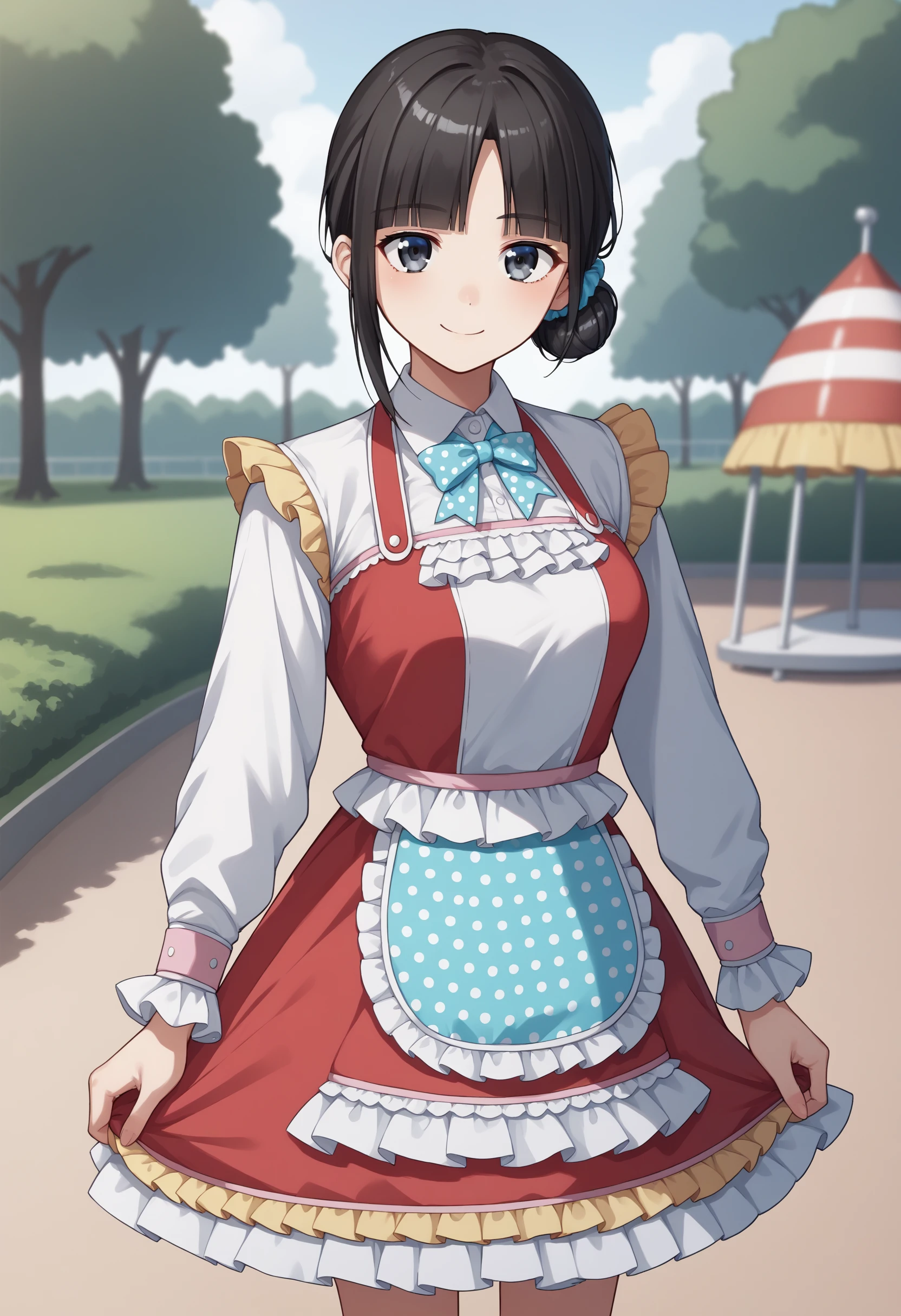 score_9, score_8_up, score_7_up, source_anime, su1, grey eyes, black eyes, black hair, blunt bangs, sidelocks, single hair bun, scrunchie, blue scrunchie, bow, blue bow, shirt, white shirt, collared shirt, long sleeves, polka dot, apron, dress, red dress, frills, frilled dress, smile, cowboy shot, outdoors, park, playground, breasts, looking at viewer<lora:SuzukaUtakoXL-19:1>