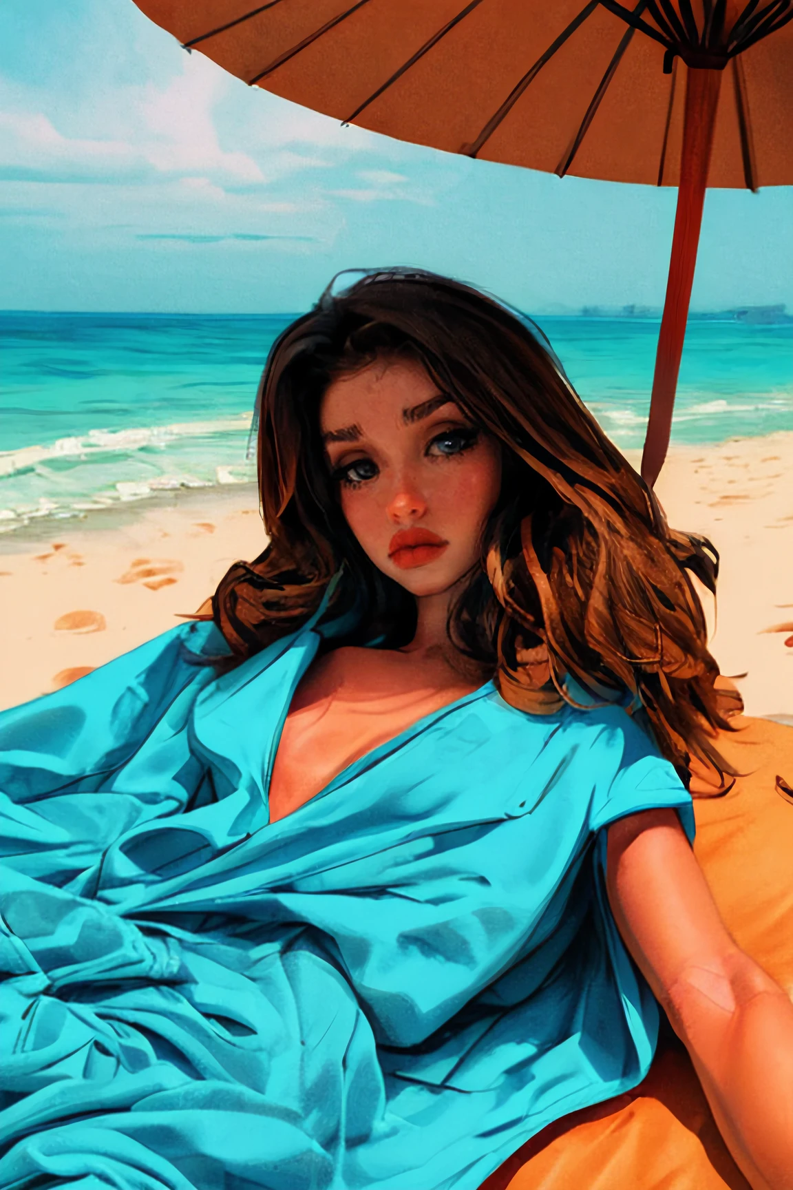 closeup of a sexy woman lying on the beach in the shade of a parasol wearing baggy clothes, sfw , detailed, detailed mechanical body, detailed face, long brunette hair, missbo,  <lora:missbo_v2-1.5base:1>  <lora:more_details:1>,  <lora:sam_yang_offset_right_filesize:1>