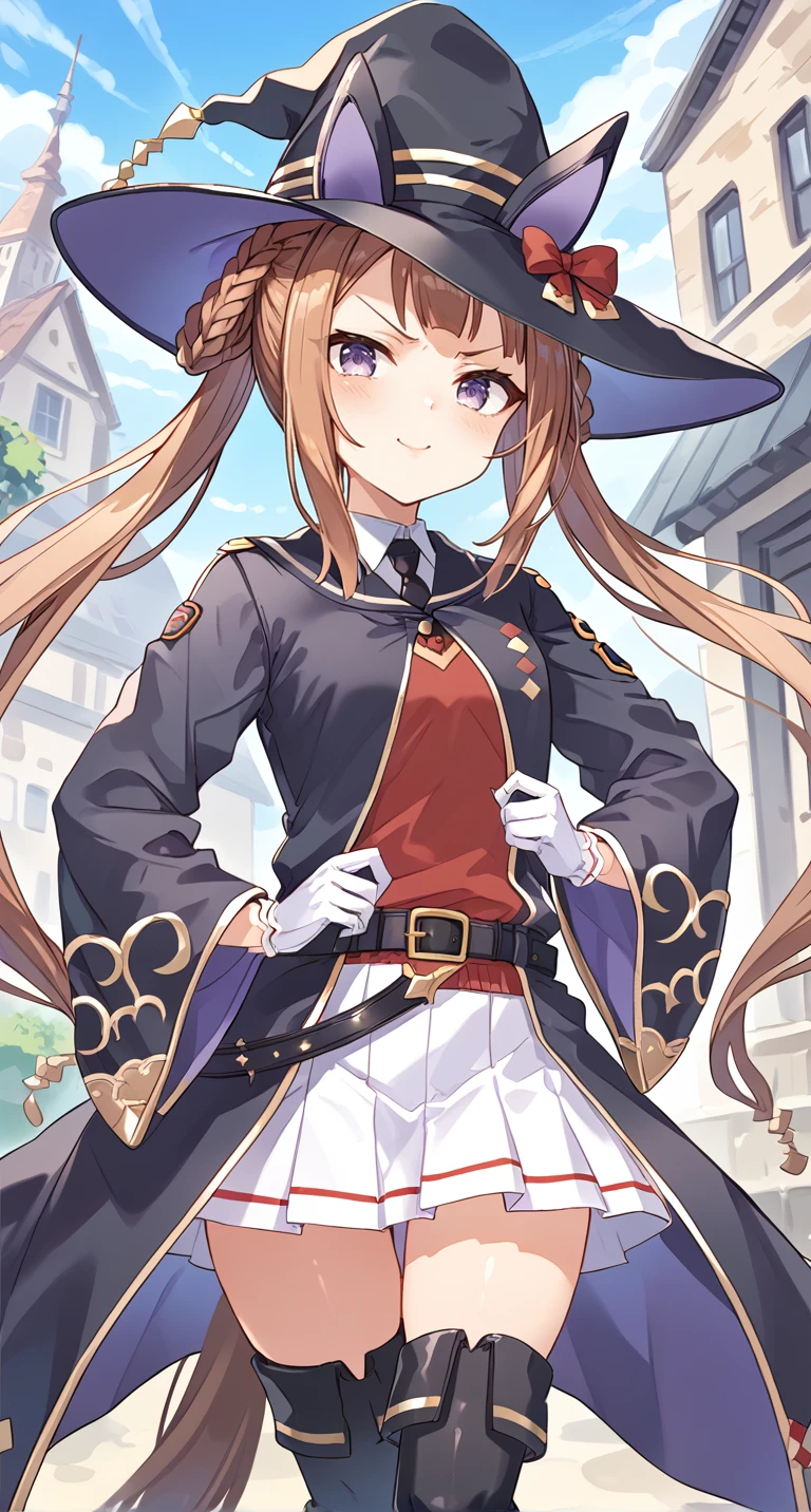 score_9,score_8_up,score_7_up,
official art,official style,game cg,megami magazine,
1girl,
swt race, sweep tosho (umamusume),
animal ears, belt, brown hair, gloves, hair rings, hat, highres,
horse ears, horse girl, long hair, violet eyes, witch hat, blush,
boots, horse tail, necktie, tail, thigh boots, thighs, twintails,
black footwear, black robe, pleated skirt, robe, skirt, white gloves,
white skirt, thigh-highs, black necktie, bow, ear bow, ear covers,
long sleeves, shirt, hat bow, red bow, very long hair, black headwear,
collared shirt, v-shaped eyebrows, twin braids, wide sleeves, hair between eyes,
hair ornament, ears through headwear, white shirt, red shirt, black belt,
open clothes, red sweater, sweater, red vest, vest, black cloak,
black hat, purple eyes, black legwear, belt buckle, buckle, sweater vest,
standing,
<lora:umamusume_sweep_tosho_pony_v1:1>,