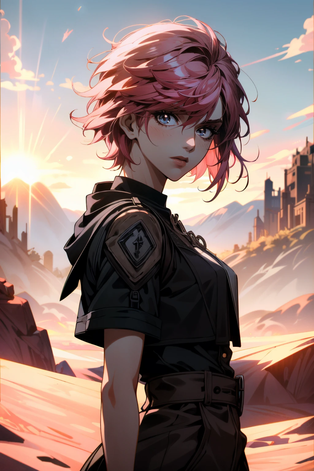 ((ultra detailed, masterpiece, absurdres))
<lora:ALVi:0.8>
ALVi, 1girl, pink hair, short hair, looking at viewer, desert, noon, intense and shimmering sunlight