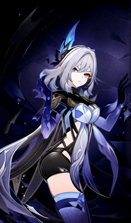 <lora:GITCG-10:1>, GI TCG, gi tcg, matte hair shading, matte colors, ((thick outlines, colored outlines)), dark colors, glowing dark blue, dark space effects, water, shattered glass, detailed face, <lora:Char-Genshin-Skirk-V1:1> skirk \(genshin impact\), elbow gloves, earrings, cape, blue thighhighs, high heel boots, black scarf, butterfly hair ornament, armored leotard
