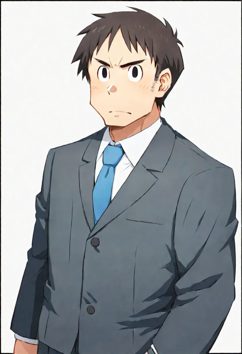 score_9, score_8_up, score_7_up, score_6_up, source_anime (Nichijou\), 2D, anime, official style, anime coloring, (male focus), solo male, Manabu Takasaki, dark brown hair, short hair, black eyes, grey suit, blue necktie, jacket, pants, feet out of frame, handsome, charming, alluring, standing, upper body, cowboy shot, black border, simple background, solid white background, school office