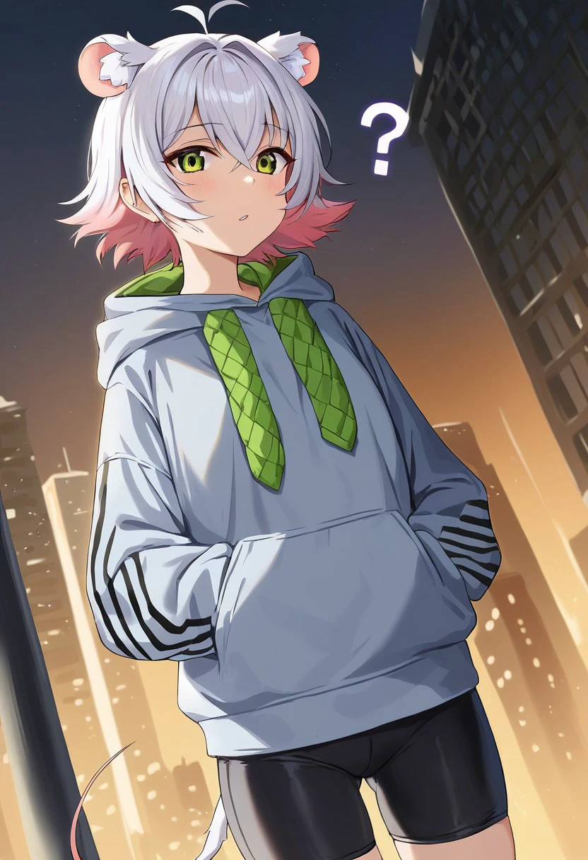 Solo, 1girl, female, young, cute face, mouse ears, animal ears fluff, white hair, pink hair, two-tone hair, short hair, bangs, hair between eyes, green eyes, ahoge, mouse tail, small breast, detailed eyes, slender body, perfect anatomy, detailed skin, detailed eyes, detailed lips, perfect hands, perfect face, ?, BREAK hoodie, hood down, grey hoodie, long sleeves, sleeves past wrists, bike shorts, BREAK streets, city, outdoors, looking at viewer, colorful, pov, dutch angle, BREAK ((ultra-detailed)), ((best quality)), ((best quality)), ((beautiful eyes)), ((extremely detailed)), 4K, (8K), best quality, (beautiful), Master piece, highres, score_9, score_8_up, score_7_up, score_6_up, score_5_up, score_4_up, colorful, best quality, official art, highres, masterpiece, nai3, god light, detailed background, high quality background,