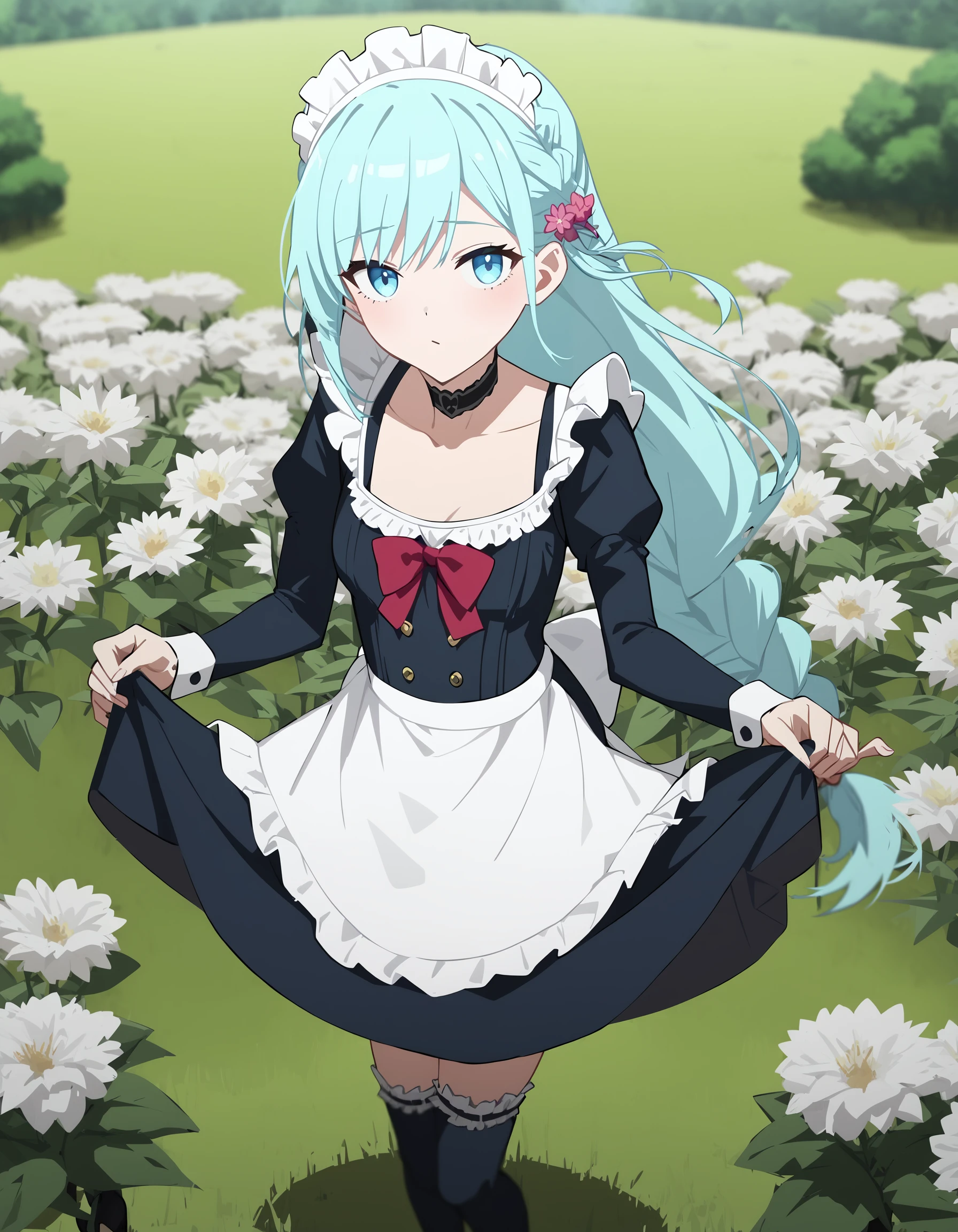 score_9,score_8_up,score_7_up,simple_background,maid_headdress,maid,
<lora:yuebai_pony:0.6>,yuebai,1girl,solo,long hair,very long hair,braid,blue eyes,bangs,choker,hair ornament,
looking at viewer,depth of field,<lora:Anime_Screencap:1>,anime screencap,cinematic_angle,flower field,over-kneehighs,skirt hold,curtsey,