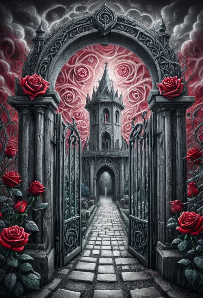 cr4yon, crayon drawing,
Photo realistic tattoo art style depicting the intricate gate of a rose-themed Gothic labyrinth,
maze walls enveloped in a scene of elaborate black and red roses
volumetric clouds hovering overhead,
an aura of mystery enveloping the entire composition,
ultra fine,
highly detailed <lora:aidma-Image Upgrader-v0.1:0.8> max details  <lora:Colorful_Crayons:0.8>